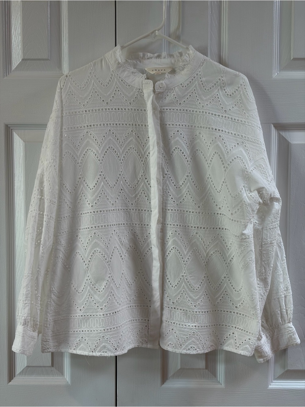 Adiva White Cotton Eyelet Mandarin Collar Button Up Blouse Size XL